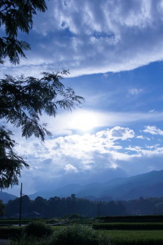 田舎の風景 田んぼと青空（青強調）